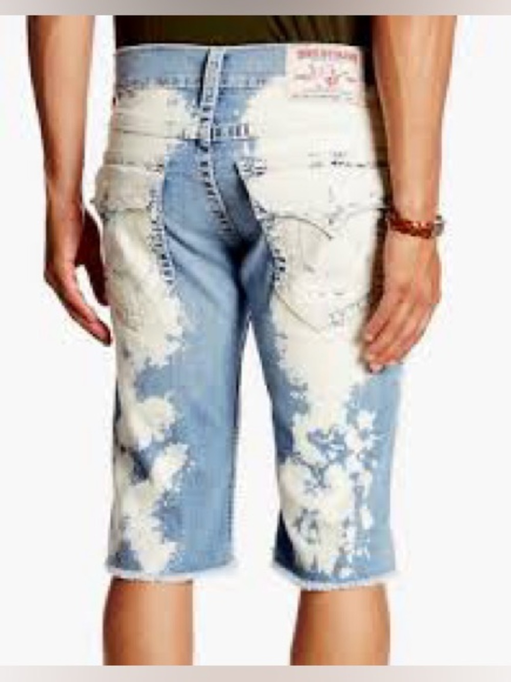 True Religion Bleach Splatter Distressed Cutoff Jean Shorts Straight Flap Big T